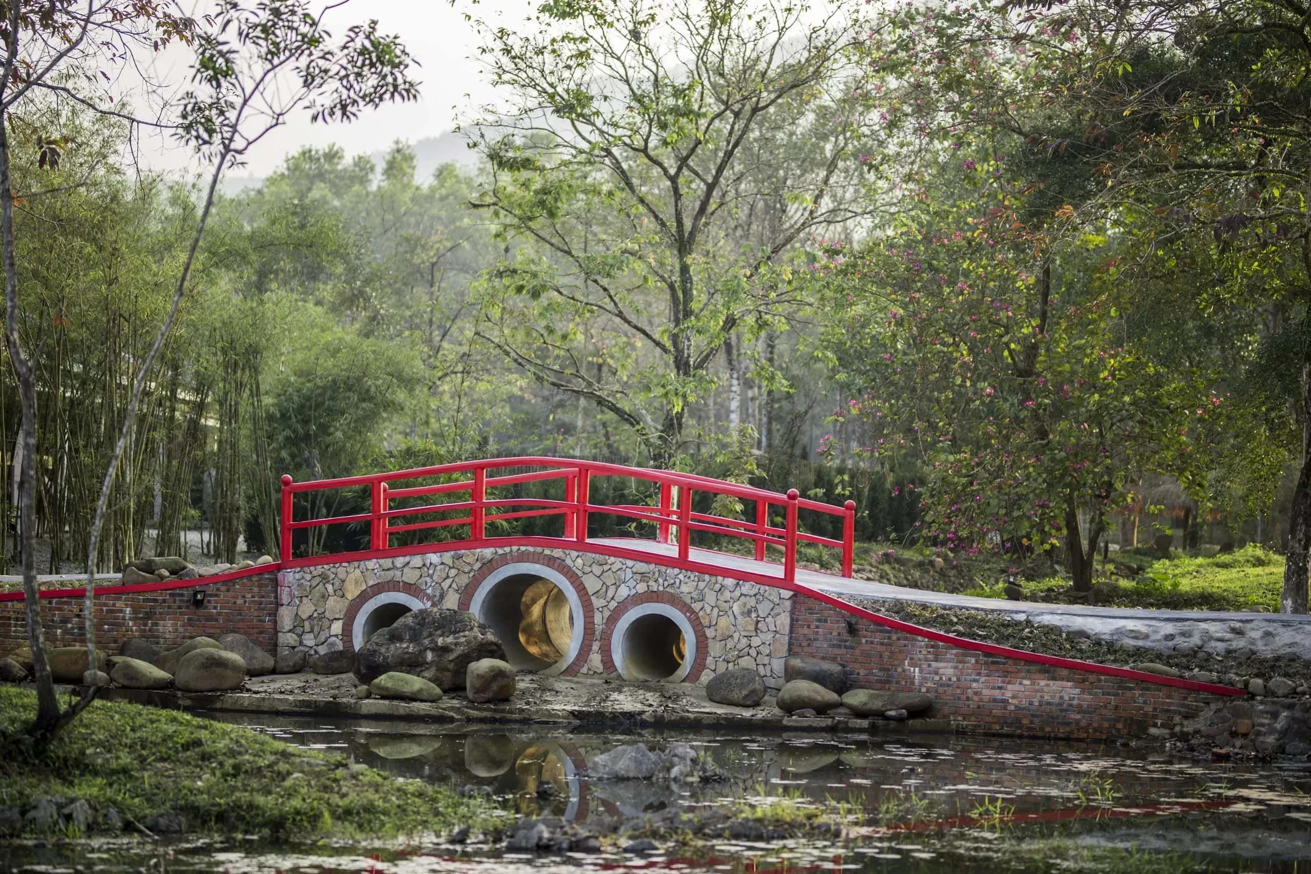 A serene scene with a curving red bridge, offering a picturesque highlight in the verdant surroundings.
