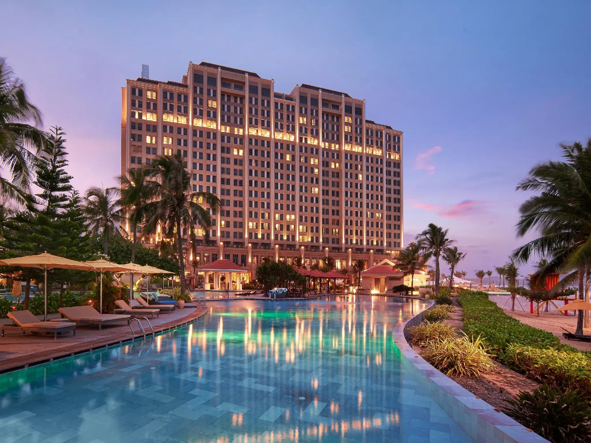 Luxury hotel with stunning sea views at sunset in Ho Tram.